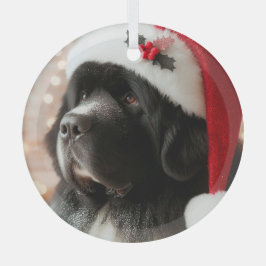 Newfie-pup draagt een kerstmuts glas ornament
