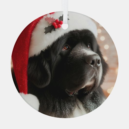 Newfie-pup draagt een kerstmuts glas ornament (Achterkant)