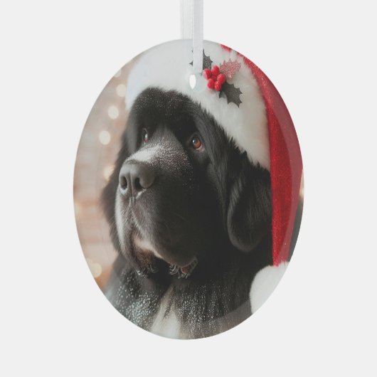Newfie-pup draagt een kerstmuts glas ornament (Voorkant Rechts)