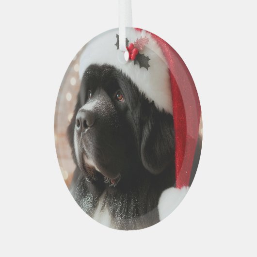Newfie-pup draagt een kerstmuts glas ornament (Voorkant links)