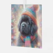 Newfie Pup Winter Square Glas Ornament (Voorkant links)