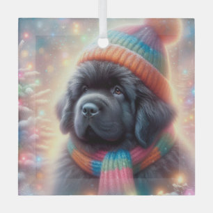 Newfie Pup Winter Square Glas Ornament