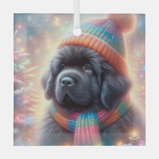 Newfie Pup Winter Square Glas Ornament (Voorkant)