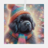 Newfie Pup Winter Square Glas Ornament (Achterkant)