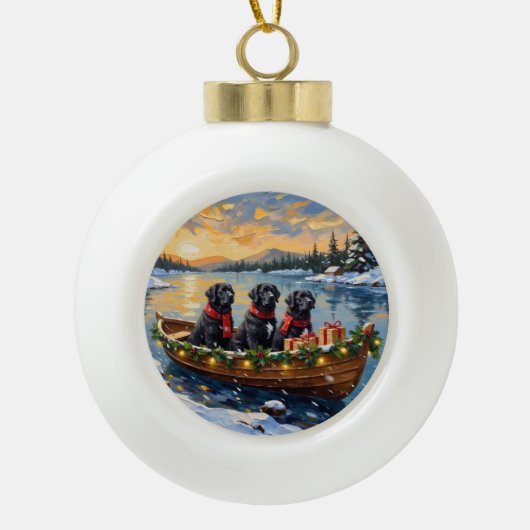 Newfoundland Dog Christmas Boat Holiday Keramische Bal Ornament (Voorkant)