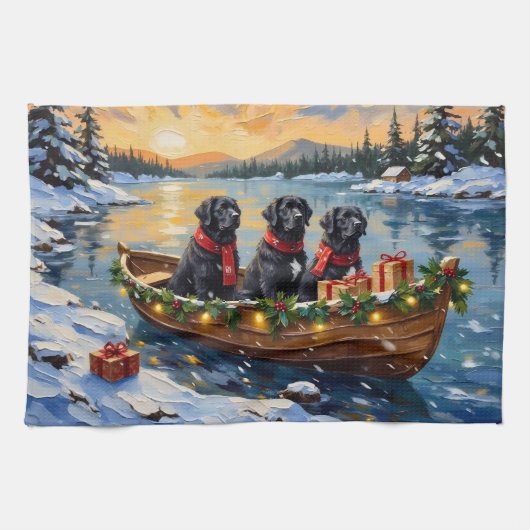 Newfoundland Dog Christmas Boat Holiday Theedoek (Horizontaal)