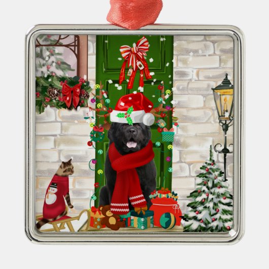 Newfoundland Dog Kerstmis Metalen Ornament (Voorkant)