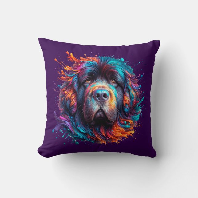 Newfoundland Dog Paarse Paint Splatter Kussen (Voorkant)
