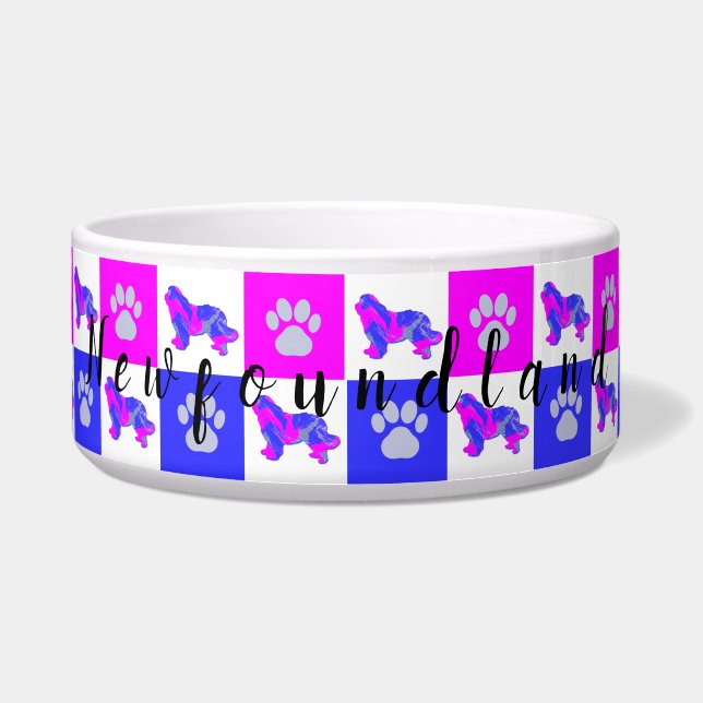 Newfoundland Dog & Paw Hot Pink & Blue Pet Bowl Voerbakje (Voorkant)