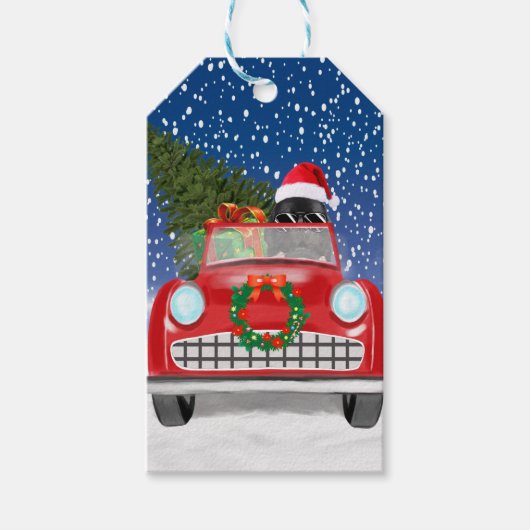 Newfoundland Dog rijdt met sneeuwkerst Cadeaulabel (Voorkant)