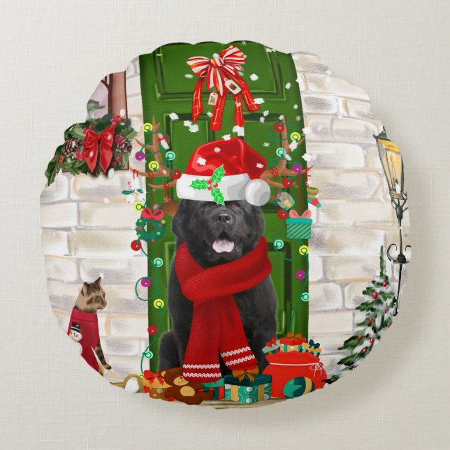 Newfoundland Dog-Sierkussen voor kerstmis Rond Kussen (Voorkant)