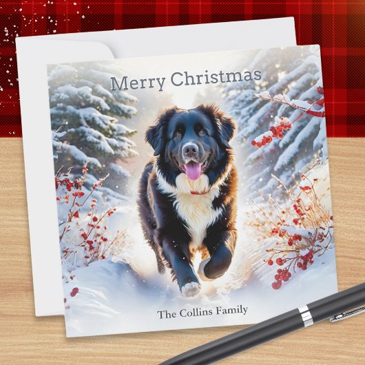 Newfoundland Dog Snow Scene Waterverf Kerst Feestdagenkaart