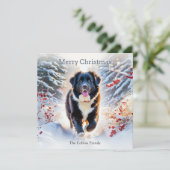 Newfoundland Dog Snow Scene Waterverf Kerst Feestdagenkaart (Staand voorkant)