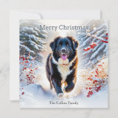Newfoundland Dog Snow Scene Waterverf Kerst Feestdagenkaart (Voorkant)