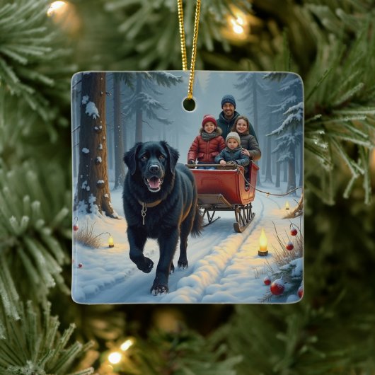 Newfoundland Dog Snowy Sleigh Ride Christmas Keramisch Ornament (Boom)
