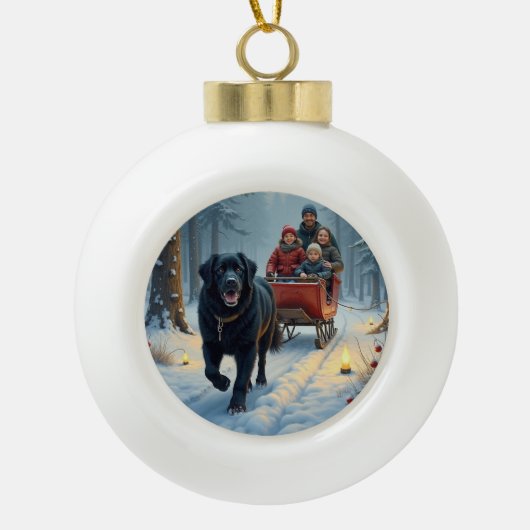 Newfoundland Dog Snowy Sleigh Ride Christmas Keramische Bal Ornament (Voorkant)