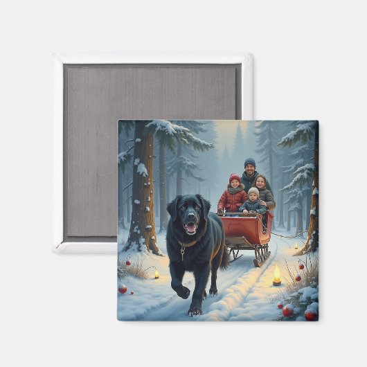 Newfoundland Dog Snowy Sleigh Ride Christmas Magneet (Voorkant / Achterkant)