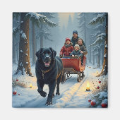 Newfoundland Dog Snowy Sleigh Ride Christmas Magneet (Voorkant)