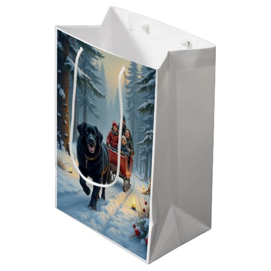 Newfoundland Dog Snowy Sleigh Ride Christmas Medium Cadeauzakje (Voorkant Gekanteld)