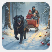 Newfoundland Dog Snowy Sleigh Ride Christmas Vierkante Sticker (Voorkant)