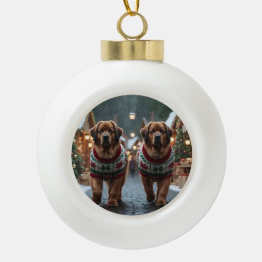 Newfoundland Dogs Christmas Snow Holiday Keramische Bal Ornament (Voorkant)