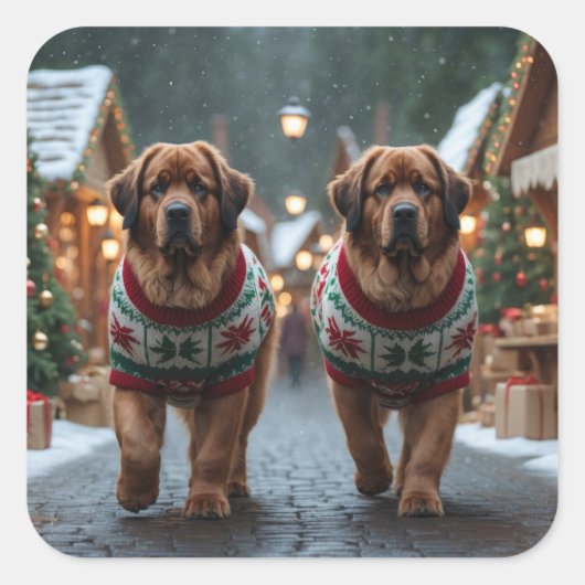Newfoundland Dogs Christmas Snow Holiday Vierkante Sticker (Voorkant)