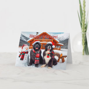 Newfoundland Dogs Naast een Snowman Christmas Kaar Feestdagen Kaart