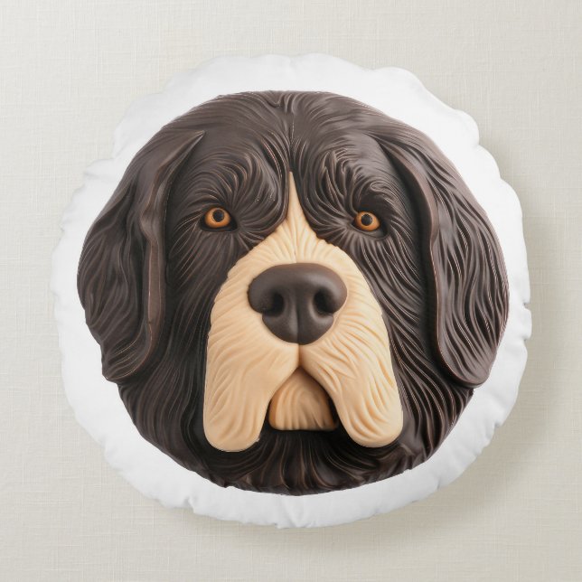 Newfoundland Hond 3D geïnspireerd Rond Kussen (Voorkant)