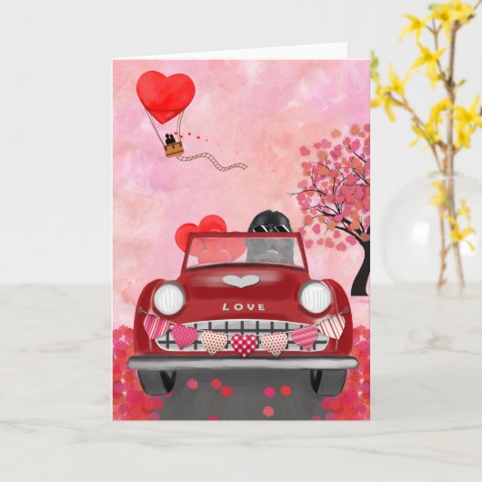 Newfoundland-hond auto met harten valentijnsdag kaart (Gele Bloem)