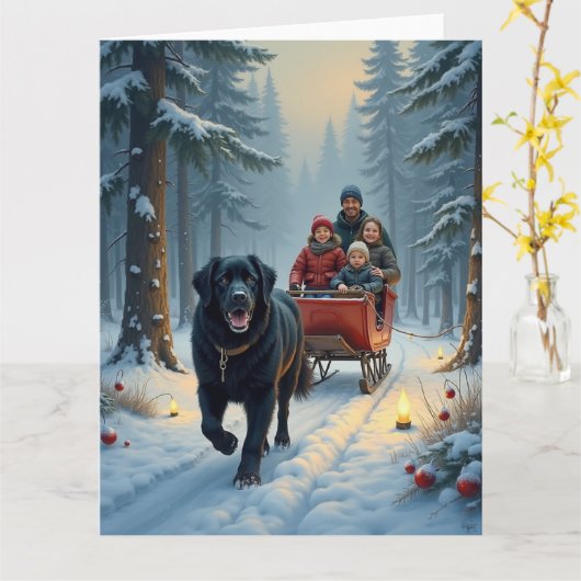 Newfoundland-hond besneeuwde slee-rit Kerstmis Kaart (Gele Bloem)