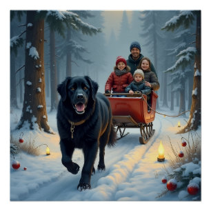 Newfoundland-hond besneeuwde slee-rit Kerstmis Perfect Poster