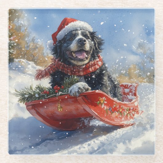 Newfoundland Hond in Sledge Laat het Sneeuw Kerstm Glazen Onderzetter (Voorkant)