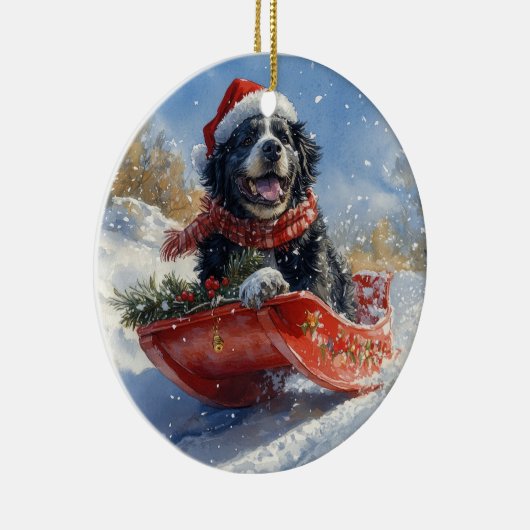 Newfoundland Hond in Sledge Laat het Sneeuw Kerstm Keramisch Ornament (Rechts)