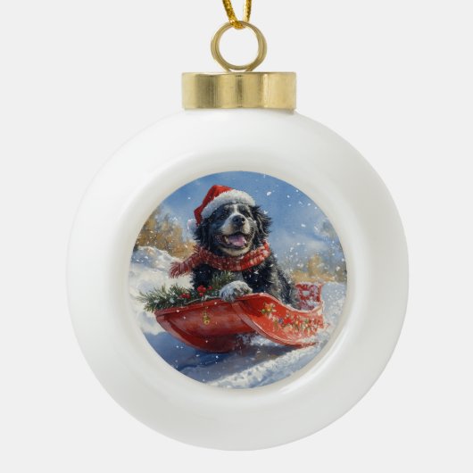 Newfoundland Hond in Sledge Laat het Sneeuw Kerstm Keramische Bal Ornament (Voorkant)