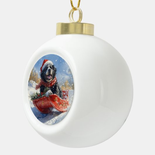 Newfoundland Hond in Sledge Laat het Sneeuw Kerstm Keramische Bal Ornament (Rechts)