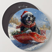 Newfoundland Hond in Sledge Laat het Sneeuw Kerstm Ronde Button 6,0 Cm (Voorkant /achterkant)