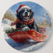 Newfoundland Hond in Sledge Laat het Sneeuw Kerstm Ronde Button 6,0 Cm (Voorkant)