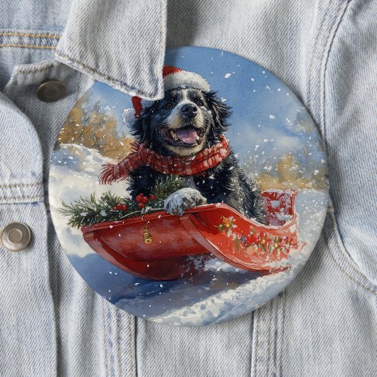 Newfoundland Hond in Sledge Laat het Sneeuw Kerstm Ronde Button 6,0 Cm (In situ)