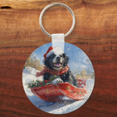 Newfoundland Hond in Sledge Laat het Sneeuw Kerstm Sleutelhanger (Voorkant)