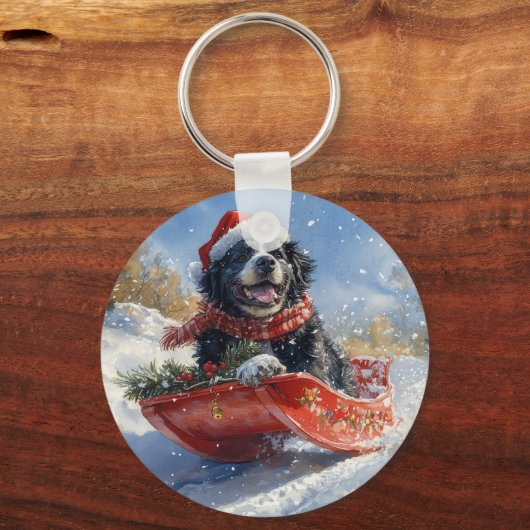 Newfoundland Hond in Sledge Laat het Sneeuw Kerstm Sleutelhanger (Voorkant)