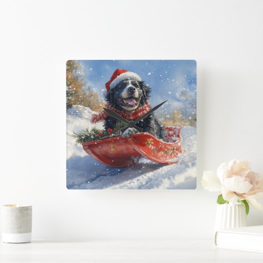 Newfoundland Hond in Sledge Laat het Sneeuw Kerstm Vierkante Klok (Huis)