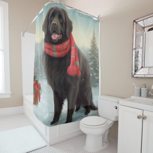 Newfoundland Hond in Sneeuw Kerstmis Douchegordijn (In situ)