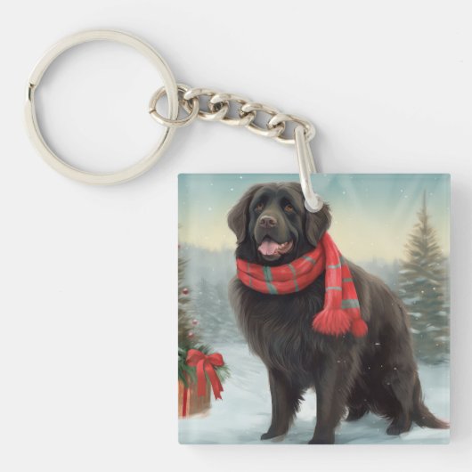 Newfoundland Hond in Sneeuw Kerstmis Sleutelhanger (Voorkant)