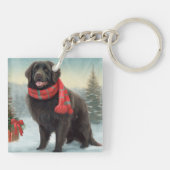 Newfoundland Hond in Sneeuw Kerstmis Sleutelhanger (Achterkant)