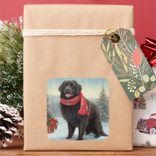 Newfoundland Hond in Sneeuw Kerstmis Vierkante Sticker (Feestdagen)