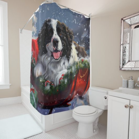 Newfoundland Hond Kerstfeest Douchegordijn (In situ)