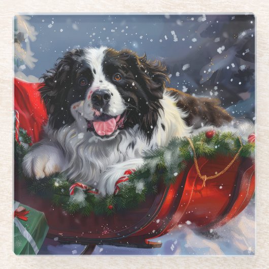 Newfoundland Hond Kerstfeest Glazen Onderzetter (Voorkant)