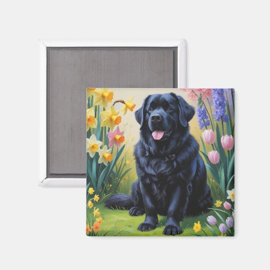 Newfoundland-hond lente bloemen schilderij magneet (Voorkant / Achterkant)