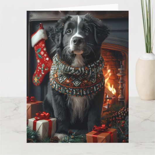 Newfoundland hond met kerstcadeaus open haard kaart (Voorkant)
