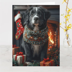 Newfoundland hond met kerstcadeaus open haard kaart